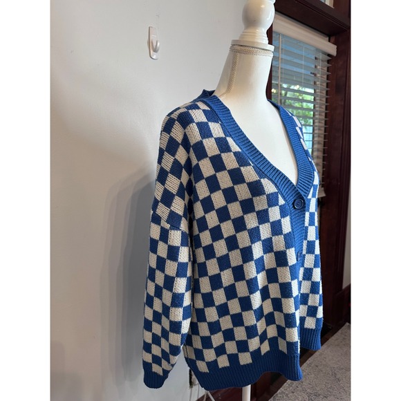 Forever 21 Blue White Checkerboard Knit Cardigan Sweater Womens Medium Oversized - Picture 2 of 8